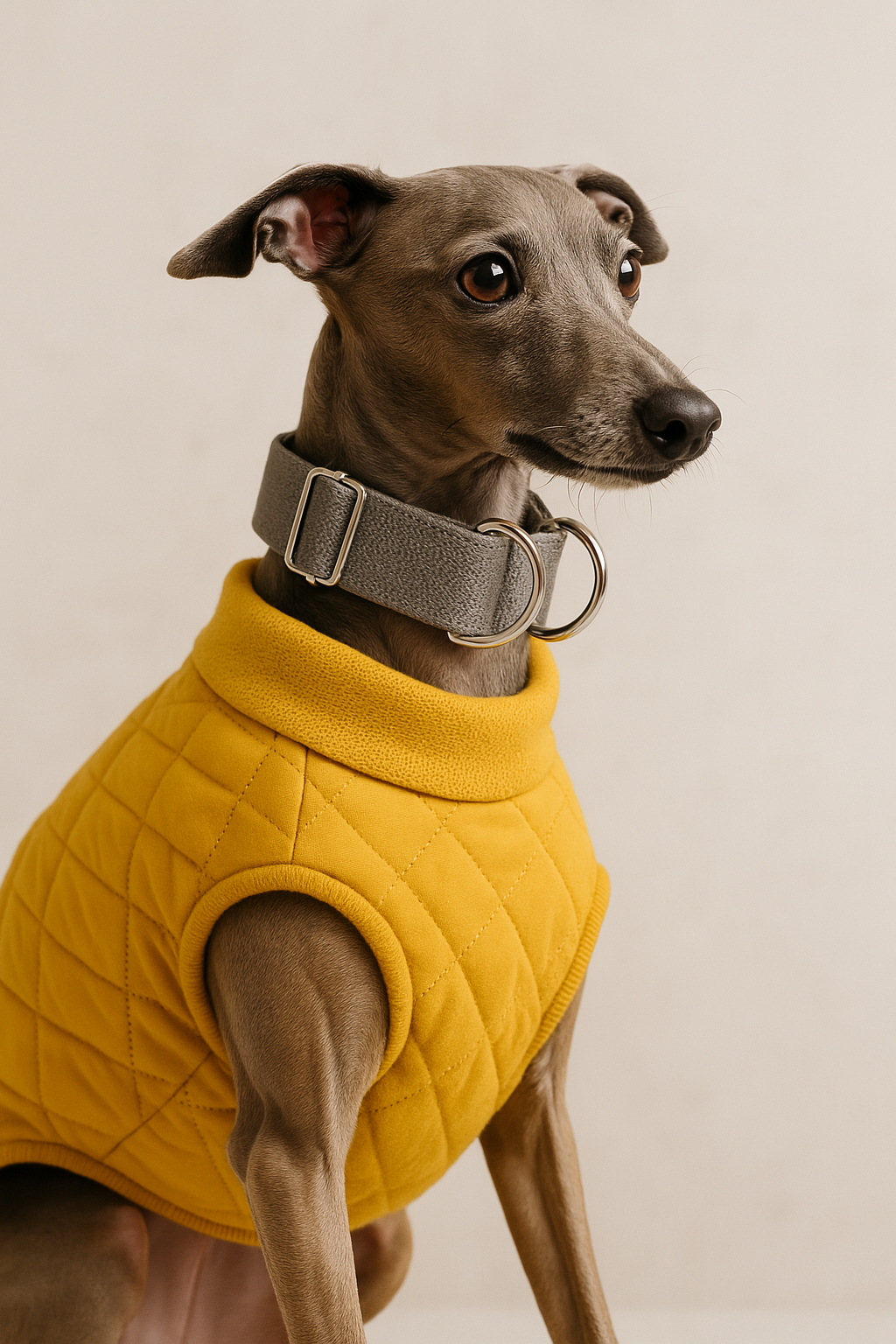 Lévrier fauve en promenade portant un collier martingale large, adapté à son cou fin