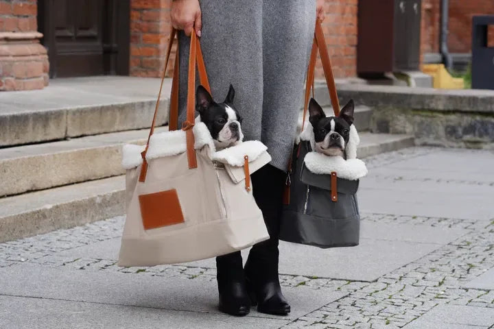 Deux petits chiens dans des sacs de transport en tissu et cuir, style artisanal, devant une bâtisse en pierre.