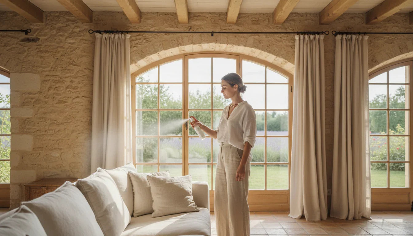 Femme vaporisant un spray naturel dans un salon lumineux au style provençal, murs en pierre et grandes fenêtres.