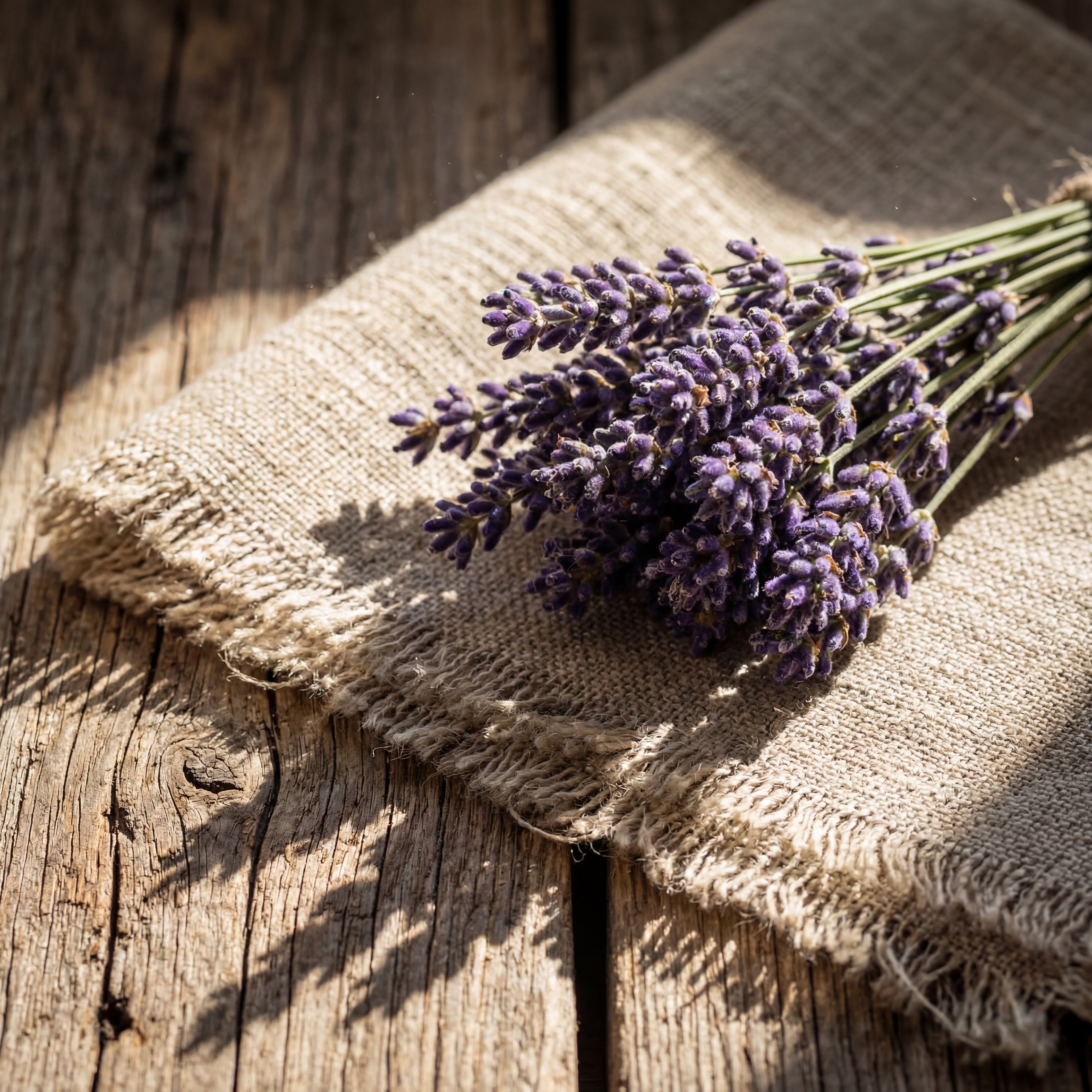 Bouquet de lavande séchée posé sur une toile de jute et du bois brut, évoquant un savoir-faire artisanal pour parfumer la maison.
