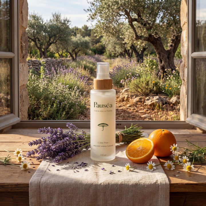 Le spray Calm Pure sur le rebord d'une fenêtre face aux champs d'oliviers, apportant une brise artisanale et parfumée dans la maison.