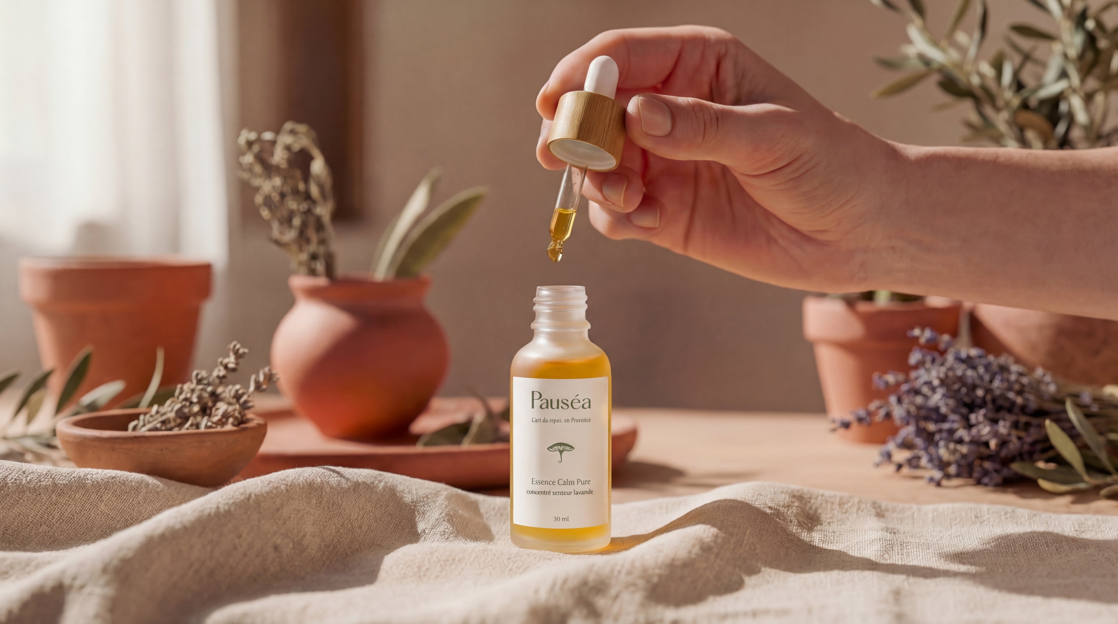 Utilisation de la pipette du flacon Calm Pure, un produit artisanal idéal pour se ressourcer à la maison.