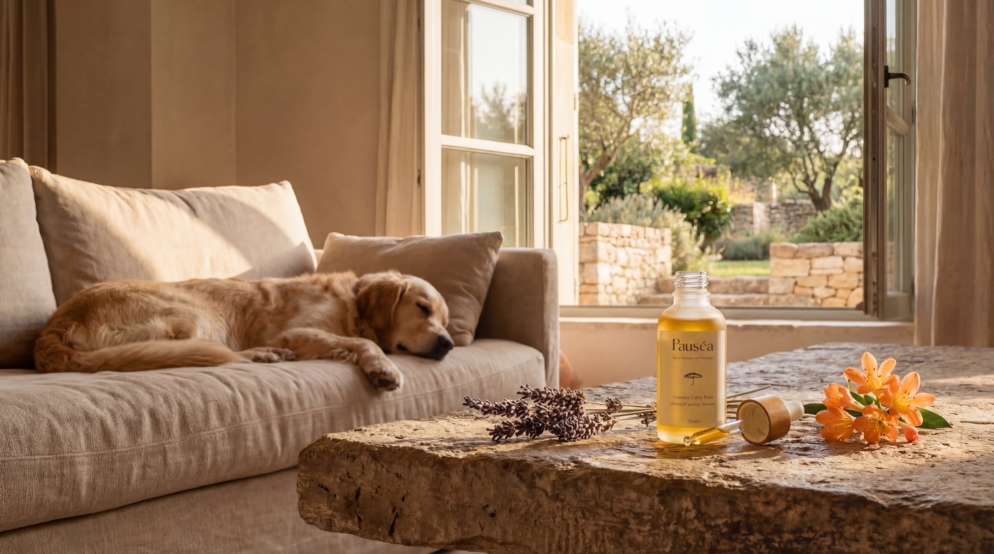 Flacon d'essence Calm Pure et ses ingrédients naturels posés sur une table rustique, avec un chien paisiblement endormi sur le canapé, illustrant la sérénité à la maison dans un intérieur au style home design.