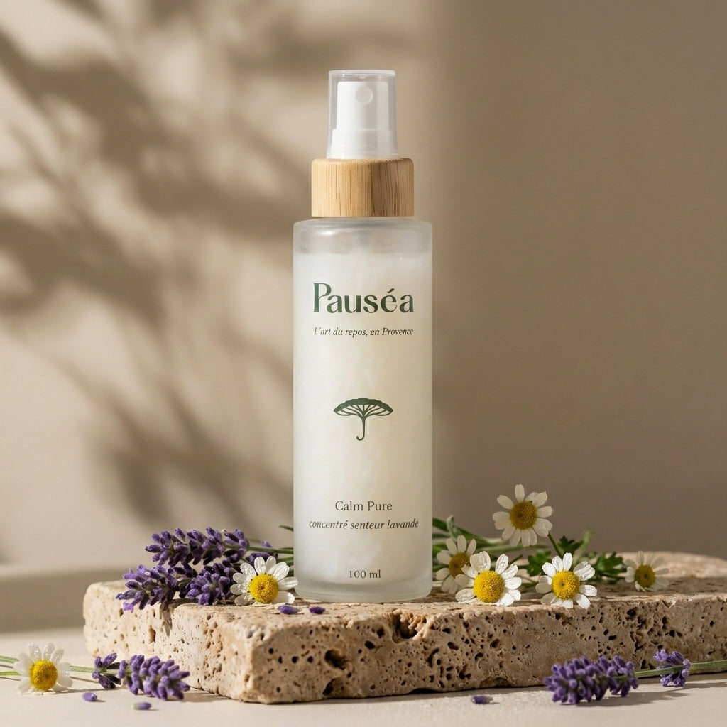 Spray d'ambiance Calm Pure posé sur une pierre brute avec de la lavande, une touche home design et artisanale pour votre intérieur.