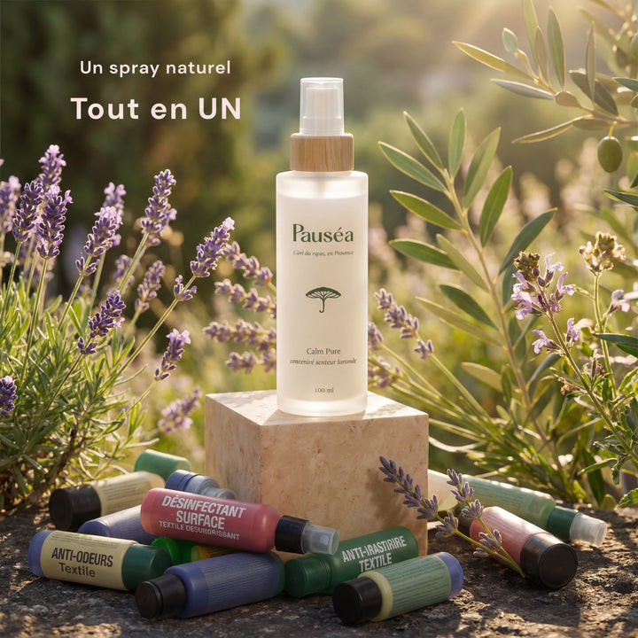 Le spray naturel tout-en-un Calm Pure mis en scène en extérieur, formulé à partir d'ingrédients naturels pour remplacer vos anciens désodorisants et assainir la maison.