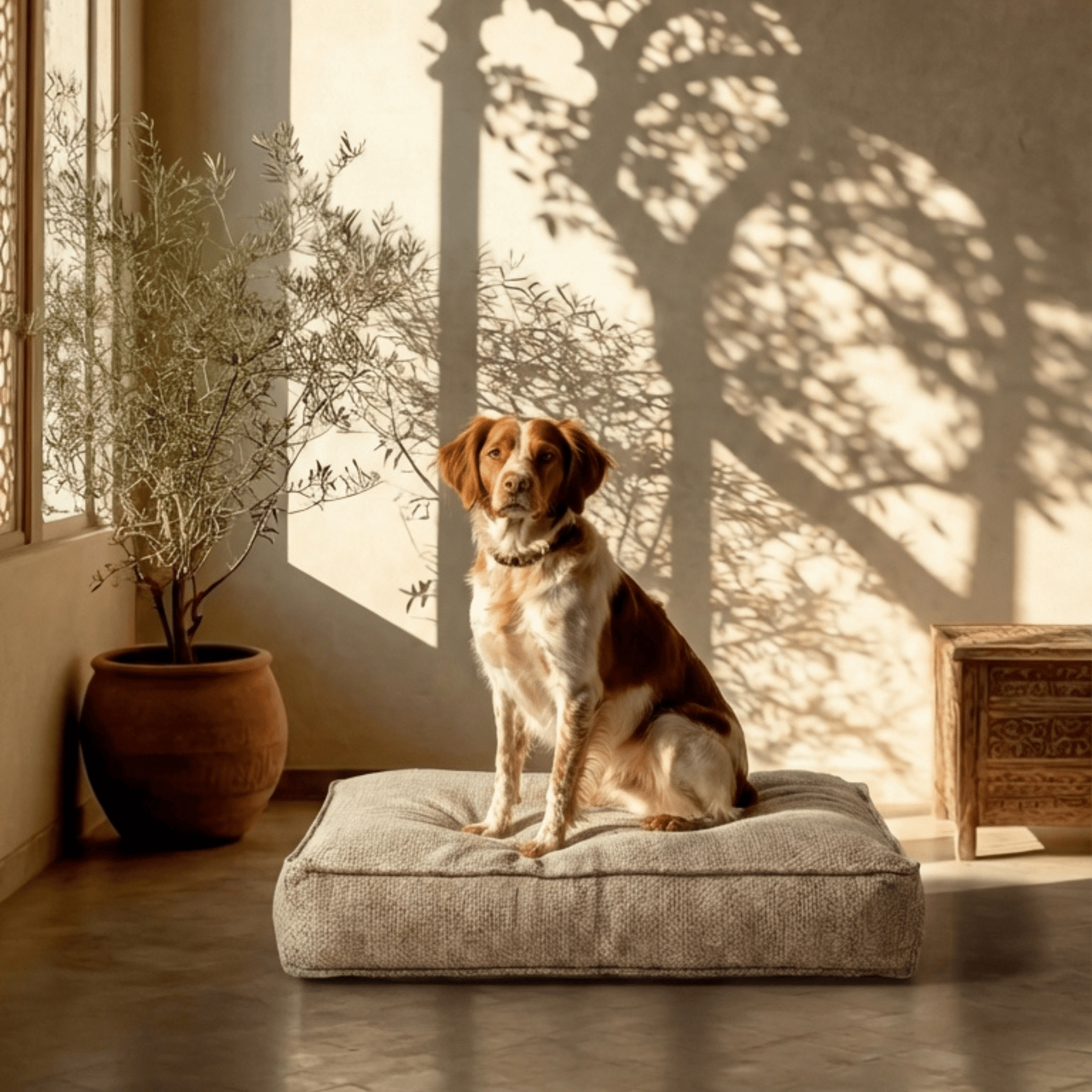 chien assis sur lit pour chien nesto beige dans un intérieur style maison provençale