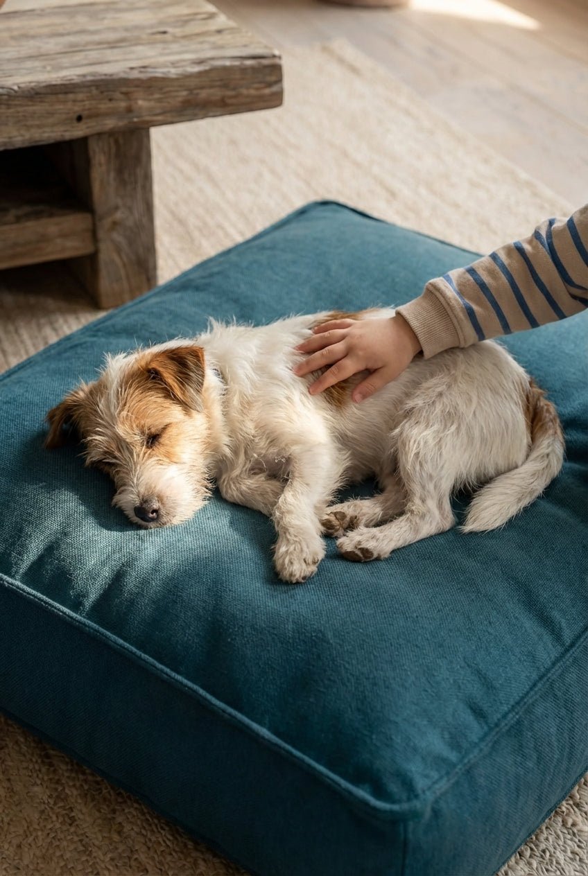 petit chien allongé sur lit pour chien nesto bleu pendant un moment de détente avec son humain