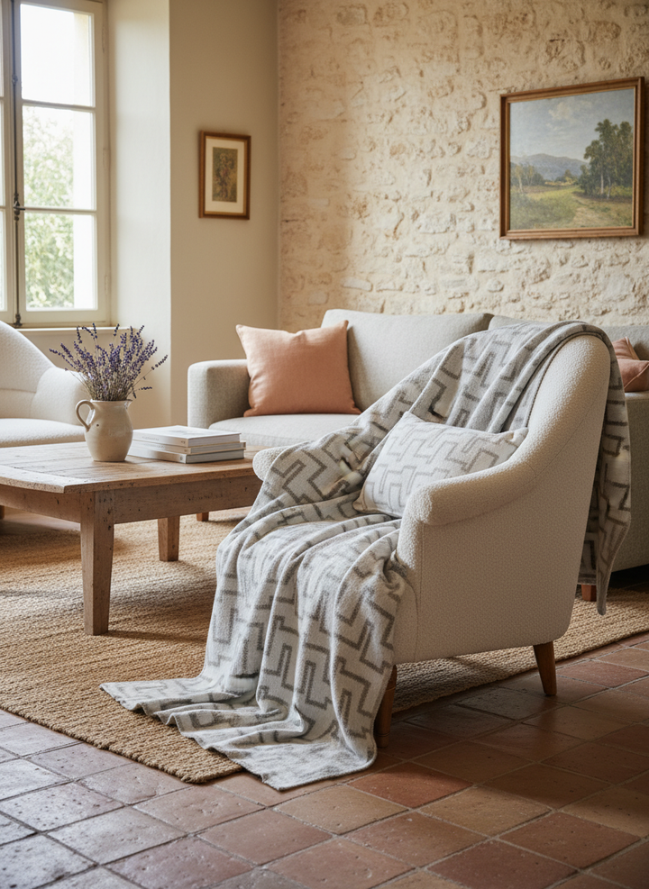 coussin decoratif et plaid motif texture fauteuil salon maison provence