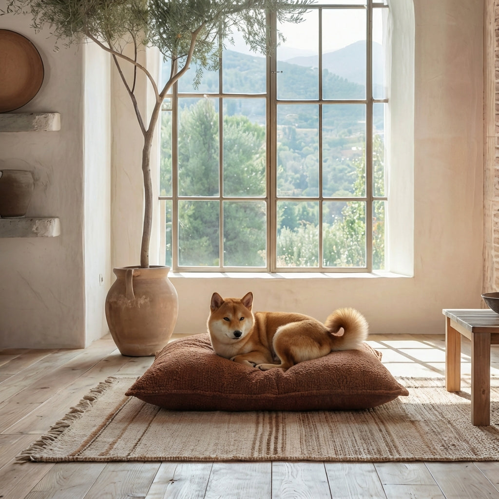 shiba inu allongé sur coussin pour chien marron en tissu bouclette dans un salon lumineux