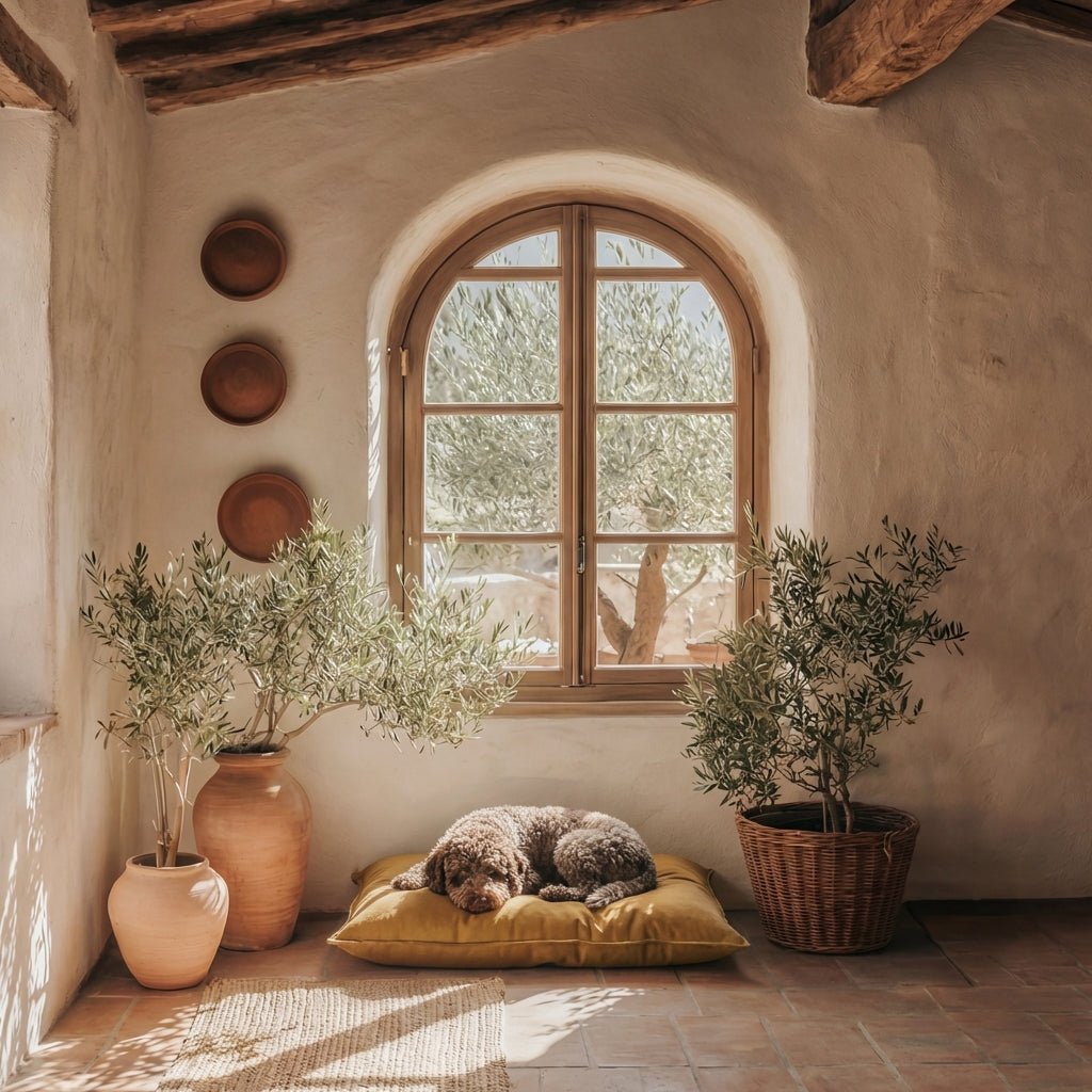 chien lagotto couché sur coussin pour chien moutarde dans un salon style maison provençale