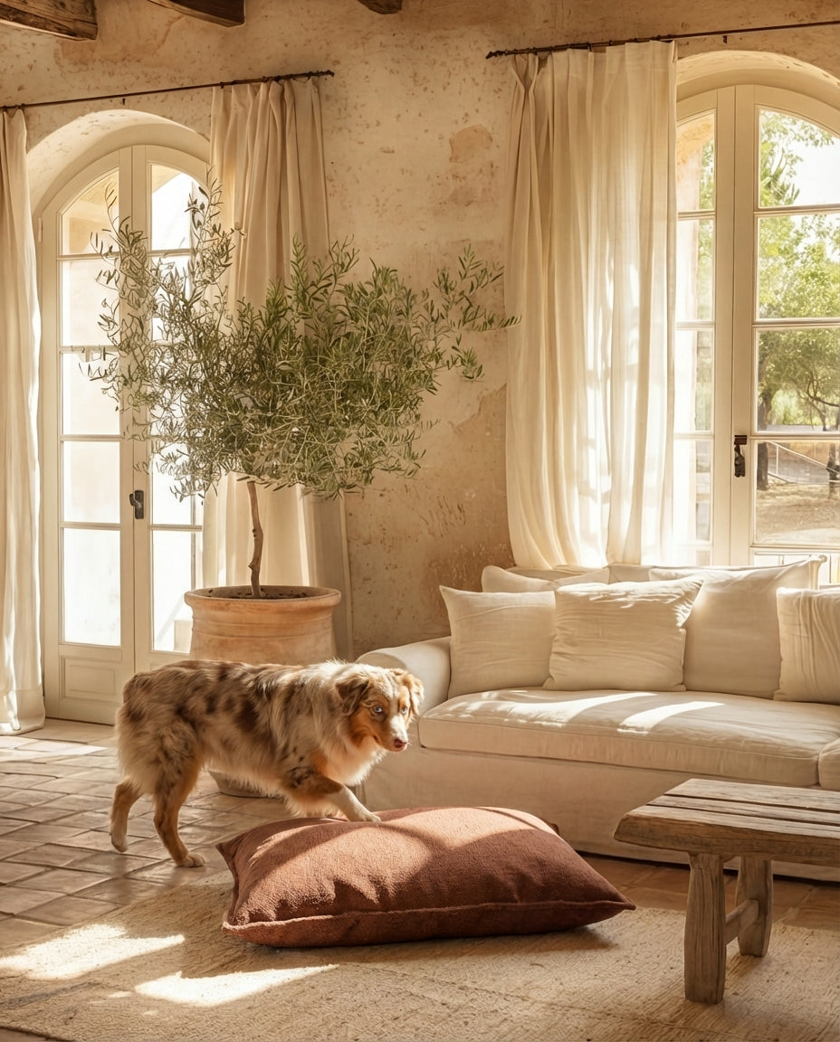 berger australien allongé sur coussin pour chien marron en tissu texturé dans un salon