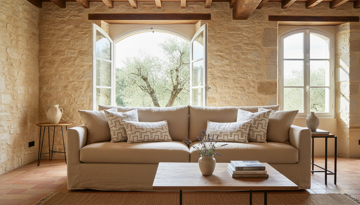 ensemble coussins decoratifs salon maison provence canapé pierre naturelle