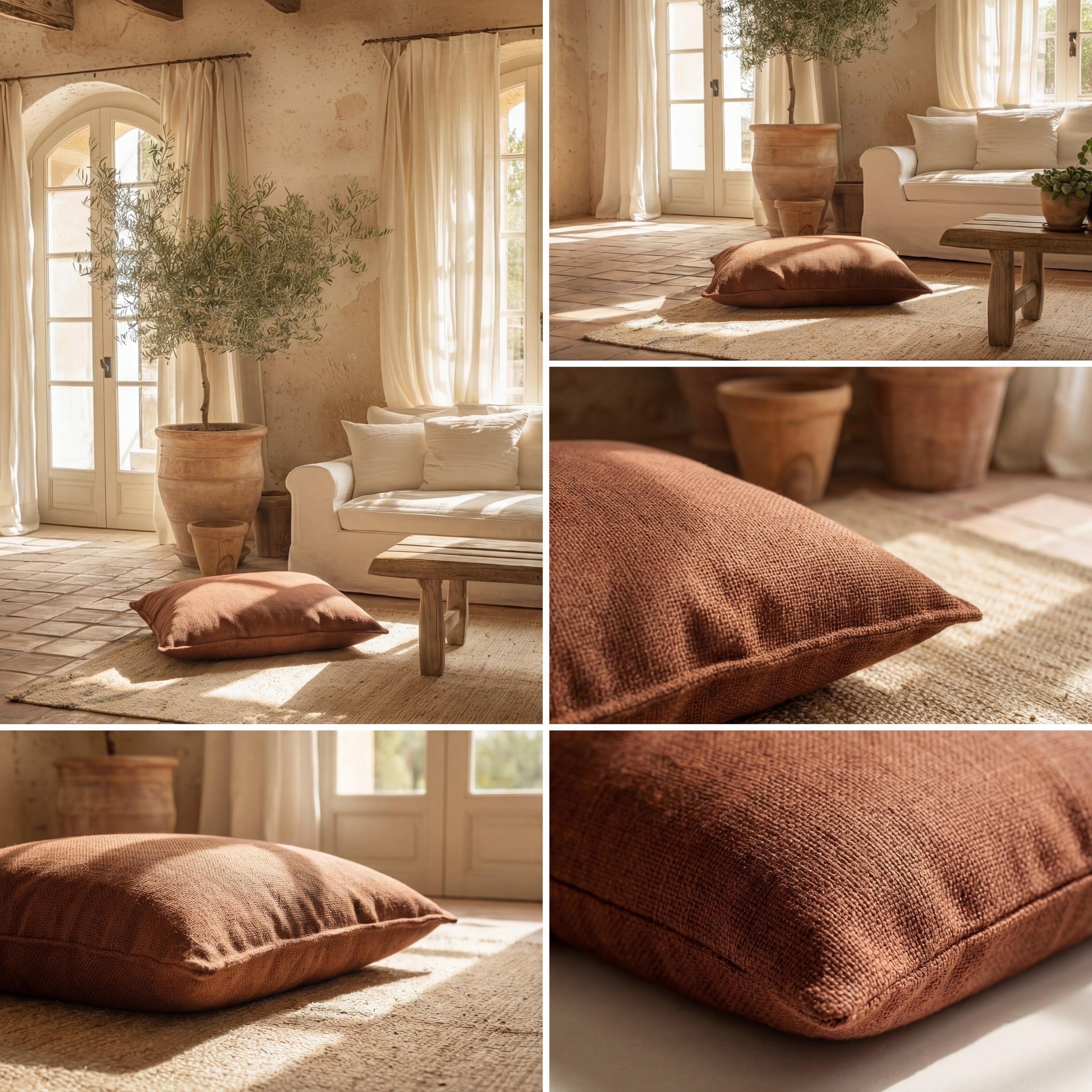 coussin pour chien soma marron en tissu texturé avec détails du tissu et mise en situation