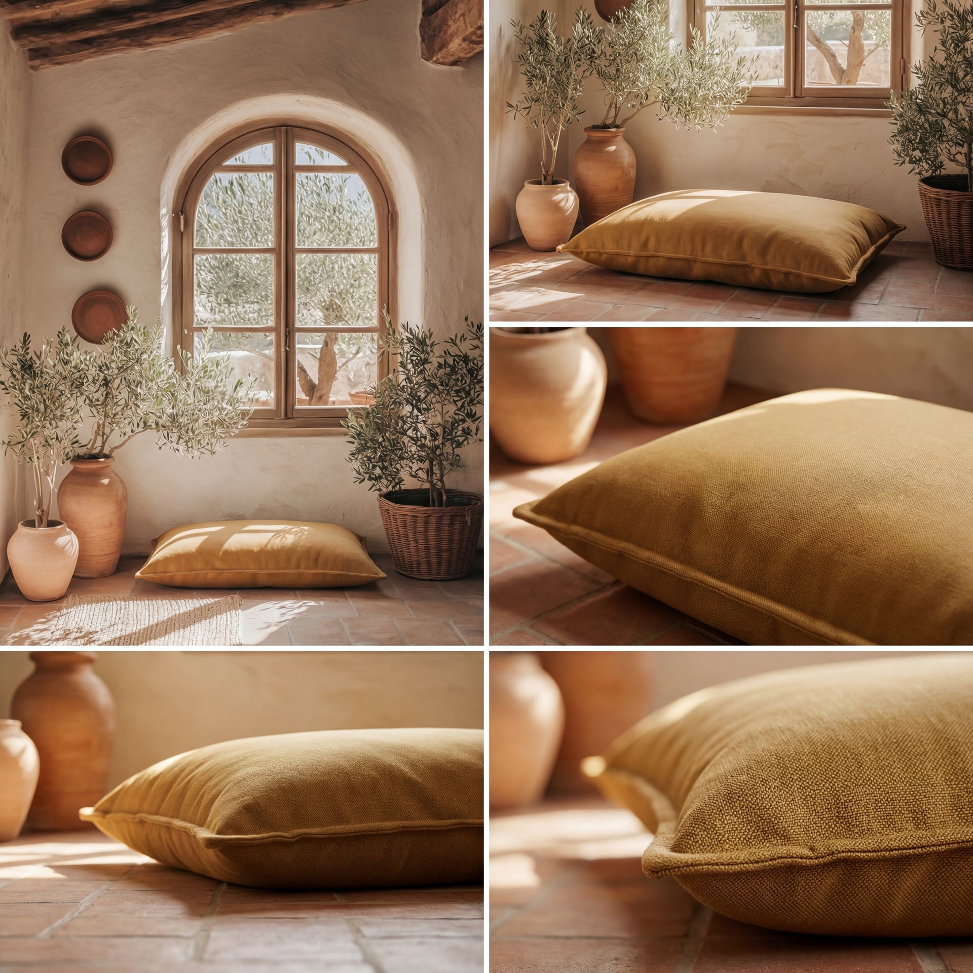 coussin pour chien soma moutarde en tissu sari avec détails du tissu et mise en situation