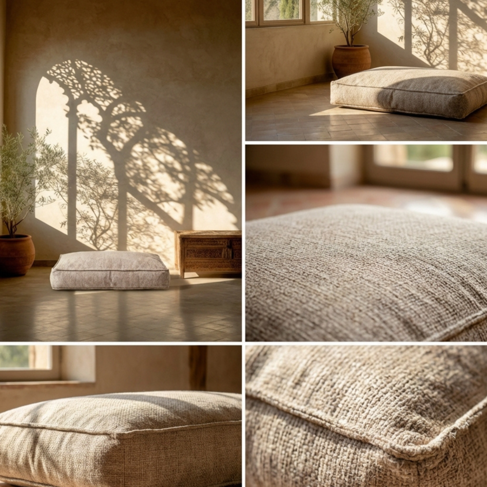  lit pour chien nesto beige avec détails du tissu ruby et mise en situation dans maison