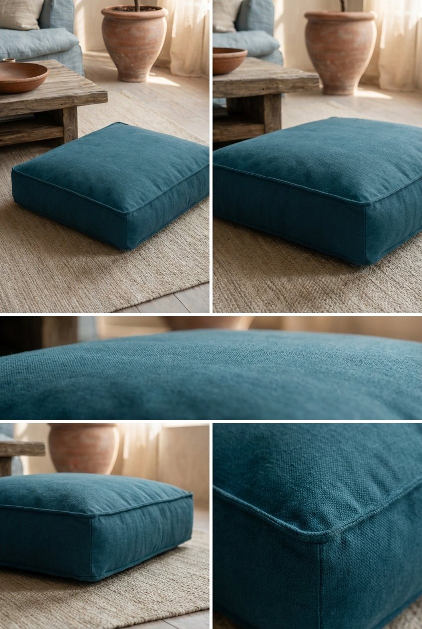 lit pour chien nesto bleu en tissu sari avec détails du tissu et mise en situation dans salon