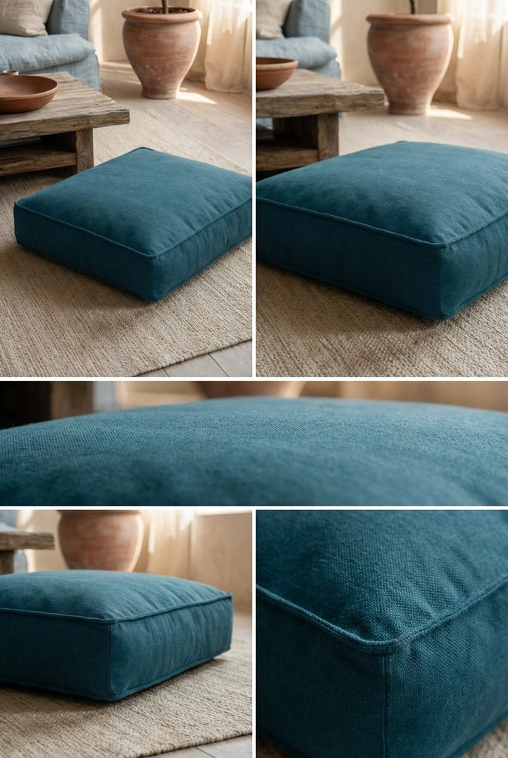 lit pour chien nesto bleu en tissu sari avec détails du tissu et mise en situation dans salon