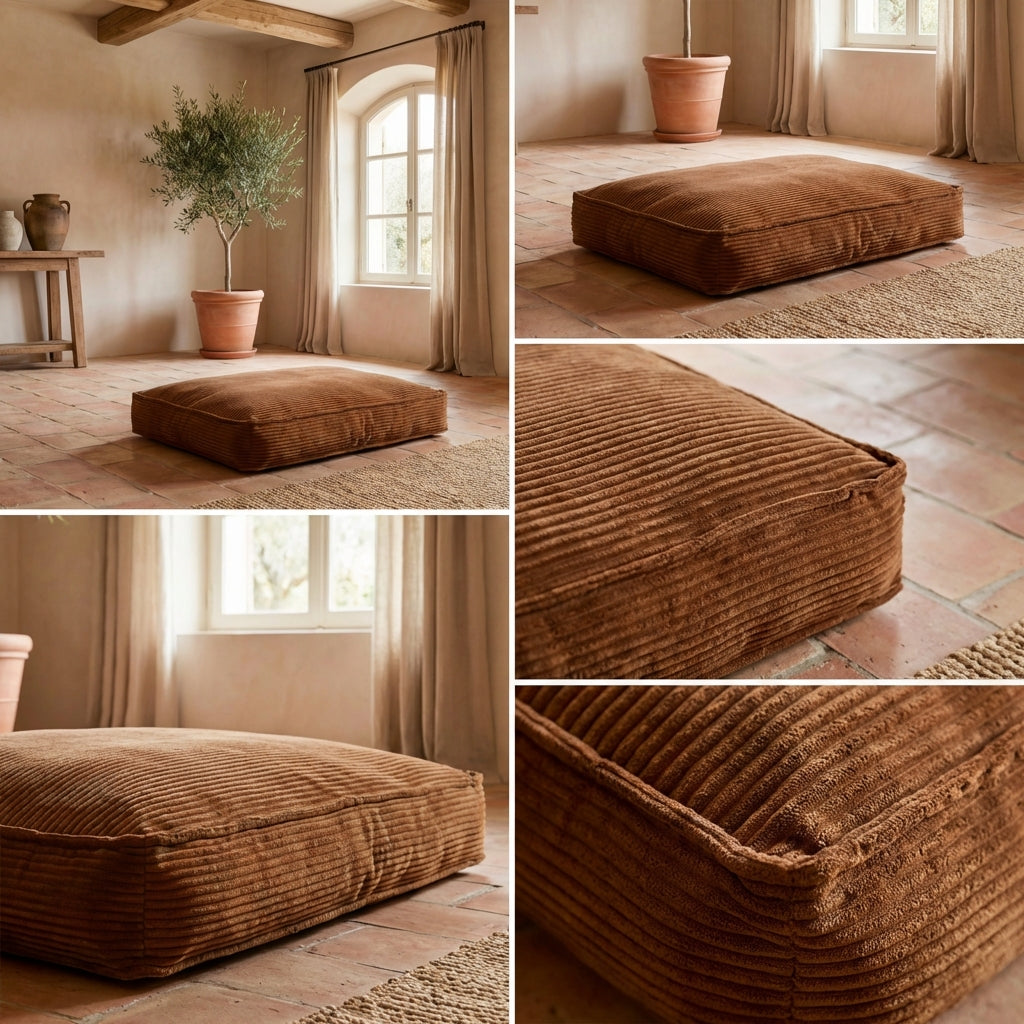 lit pour chien nesto marron en velours côtelé avec détails du tissu et mise en situation