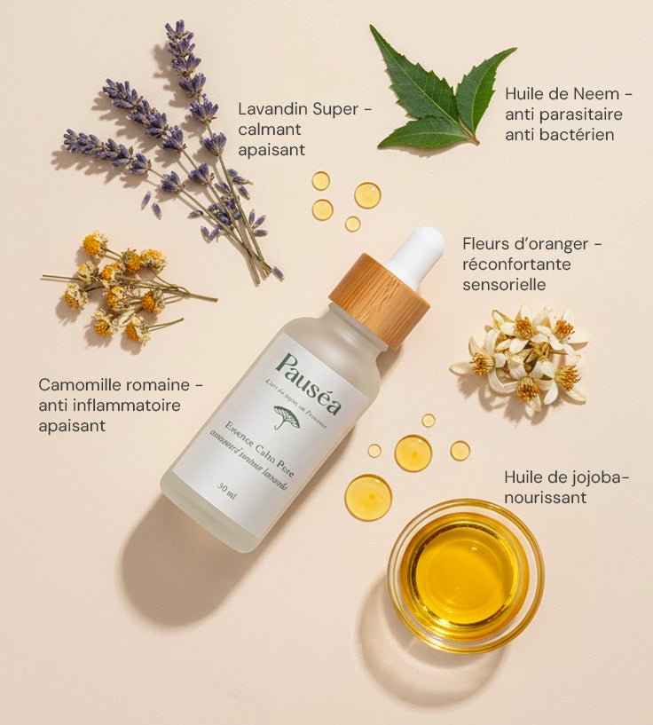 Ingrédients naturels de l’Essence Calm Pure Pauséa : lavande, camomille romaine, huile de neem, fleur d’oranger et jojoba, bienfaits apaisants et assainissants.