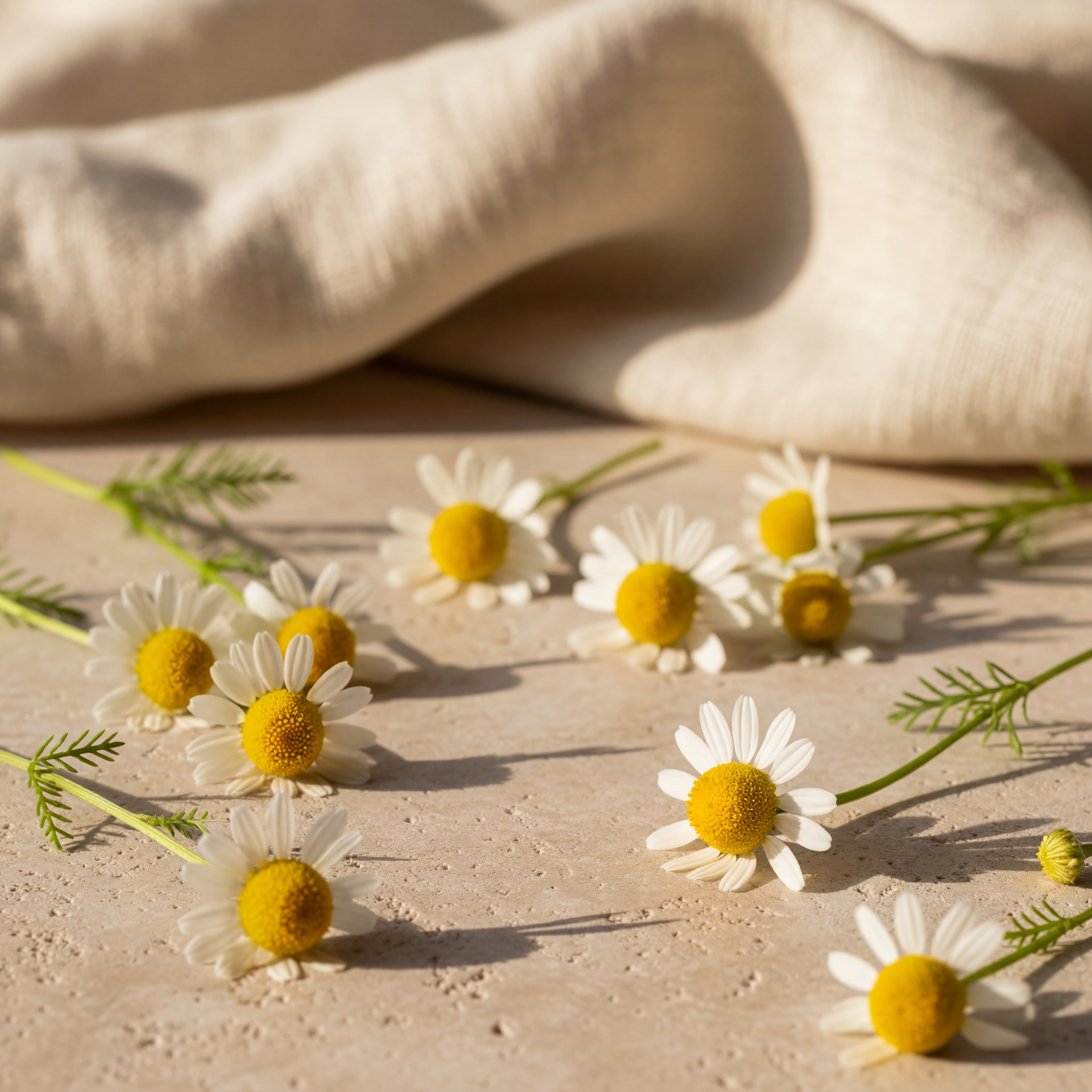 Fleurs de camomille délicatement disposées sur une surface texturée en pierre et lin, rappelant le côté fait main et une décoration home design.
