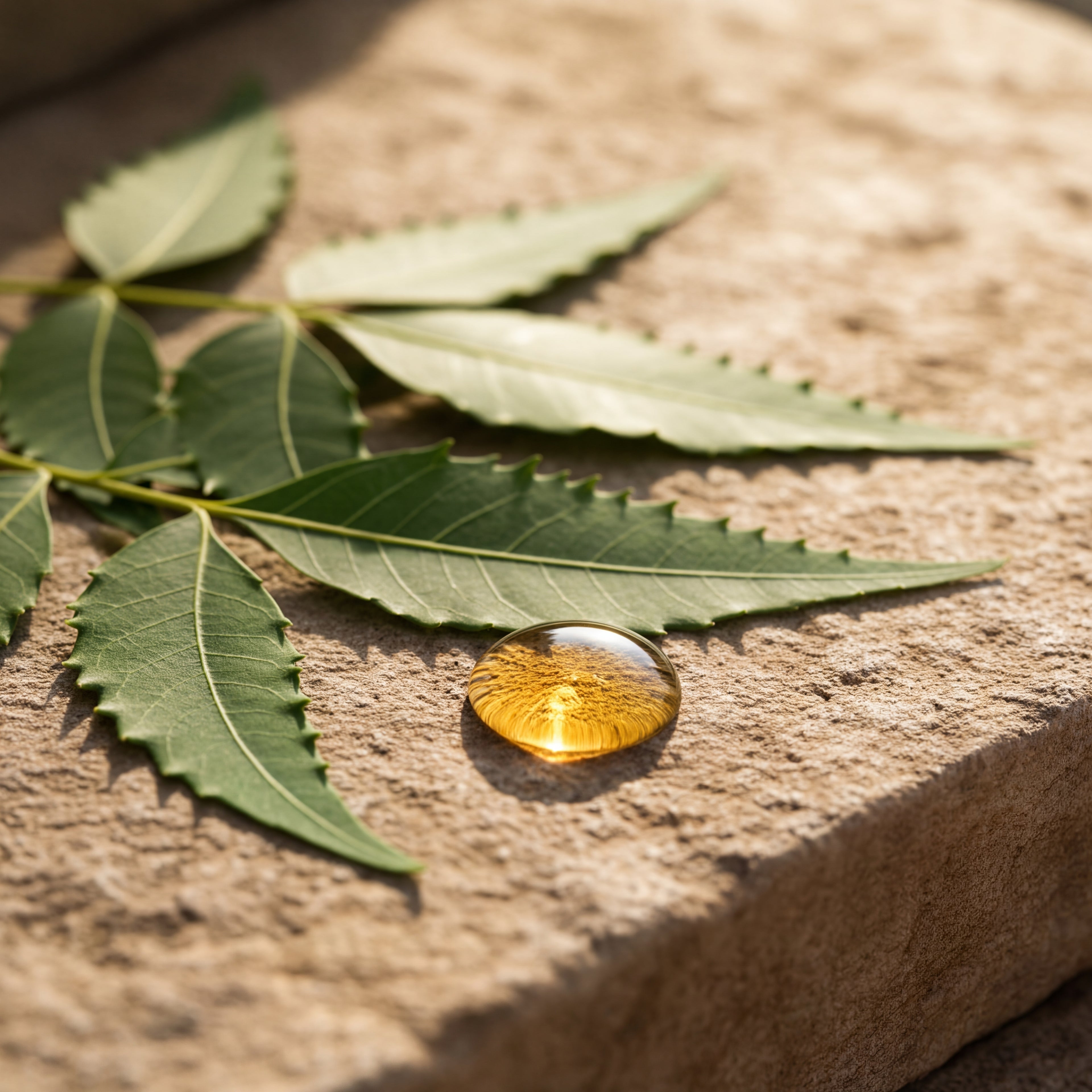 Goutte pure d'huile essentielle sur une feuille de neem, représentant un ingrédient naturel de première qualité utilisé pour Calm Pure.