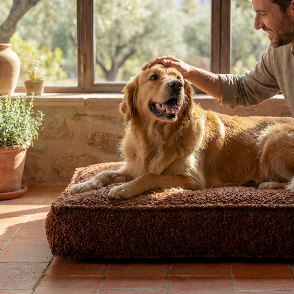 homme caressant un chien couché sur lit pour chien nesto marron confortable