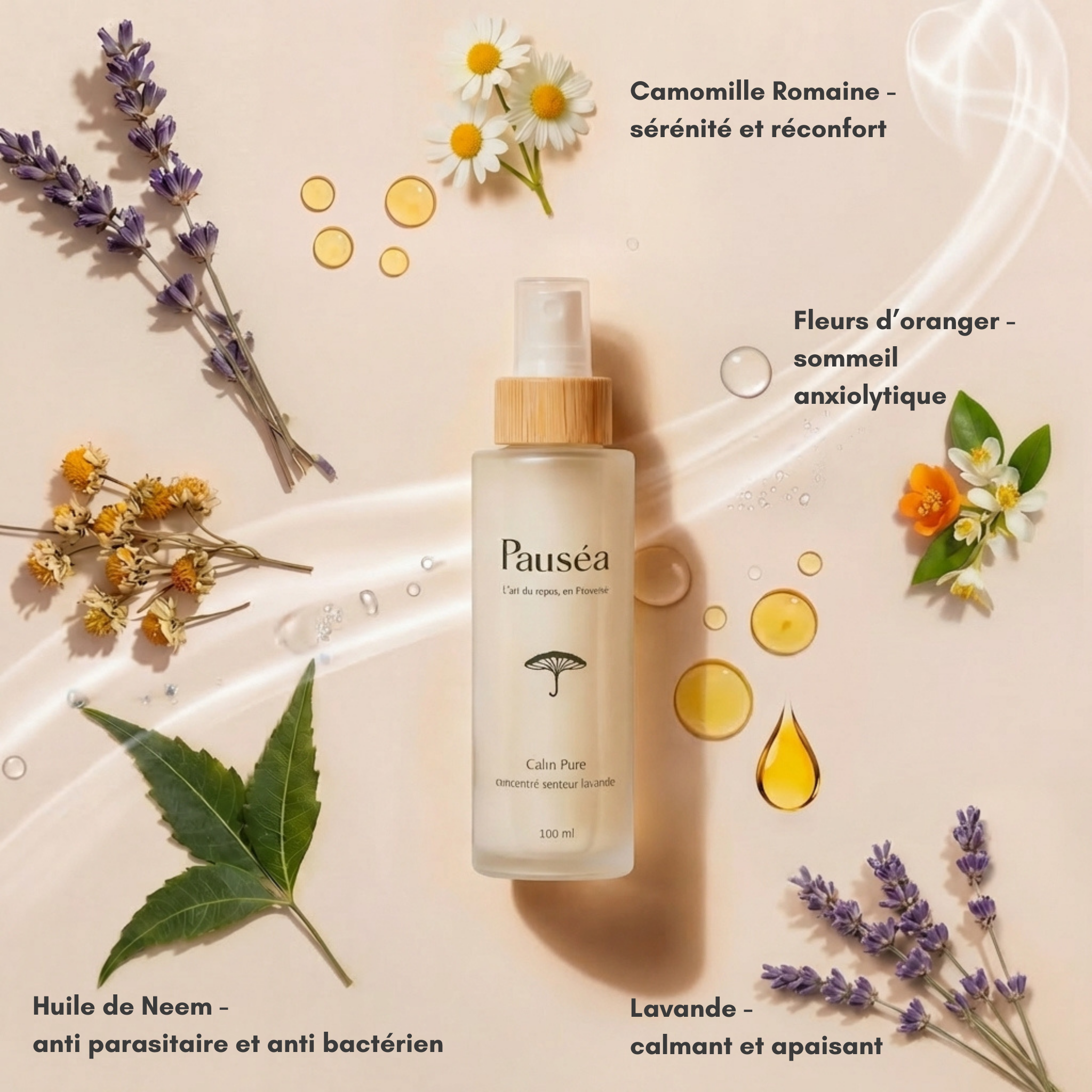 Les ingrédients naturels du spray Calm Pure (camomille, fleur d'oranger, neem et lavande), inspiré des méthodes fait maison pour une ambiance sereine.
