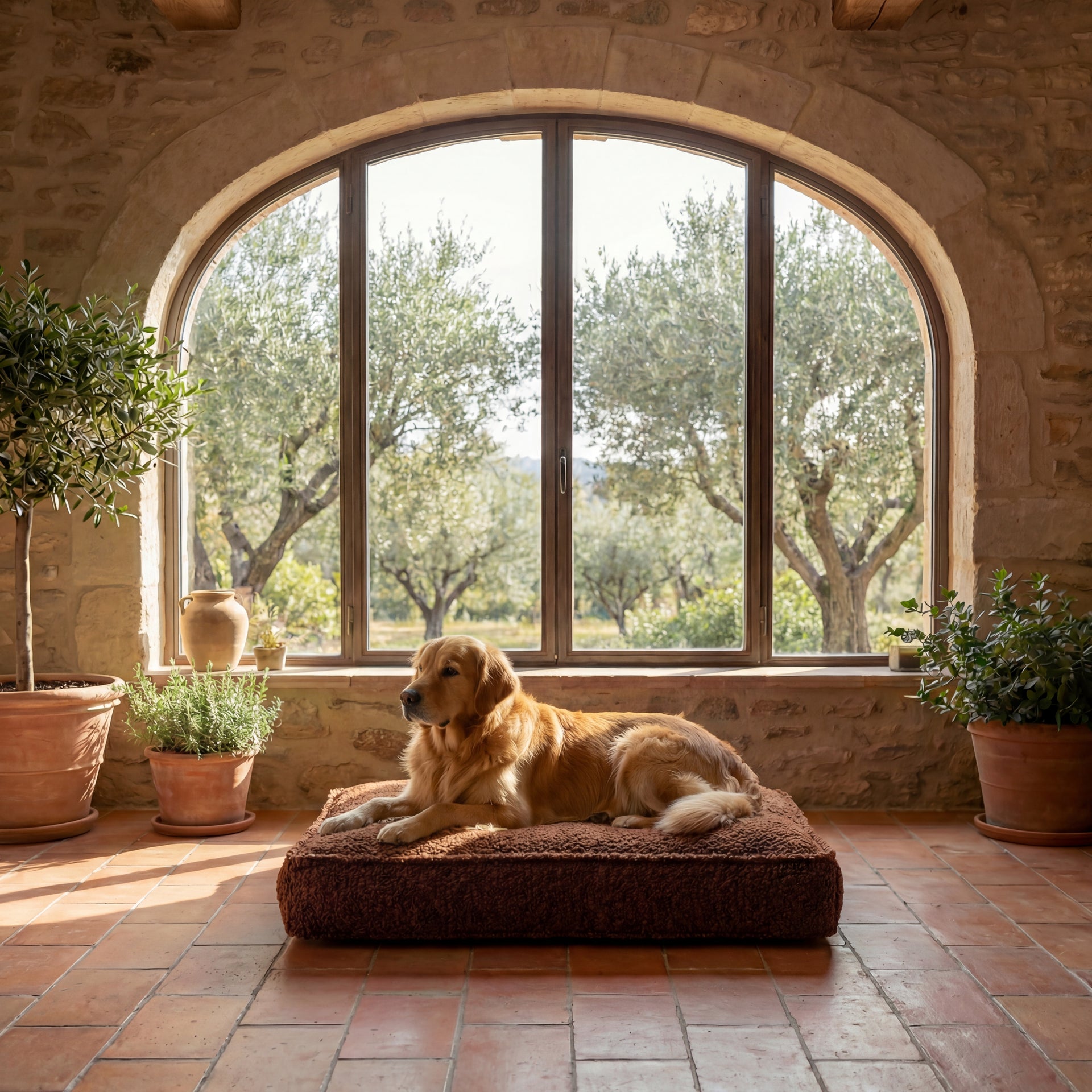 chien golden retriever allongé sur lit pour chien nesto marron dans une maison provençale lumineuse