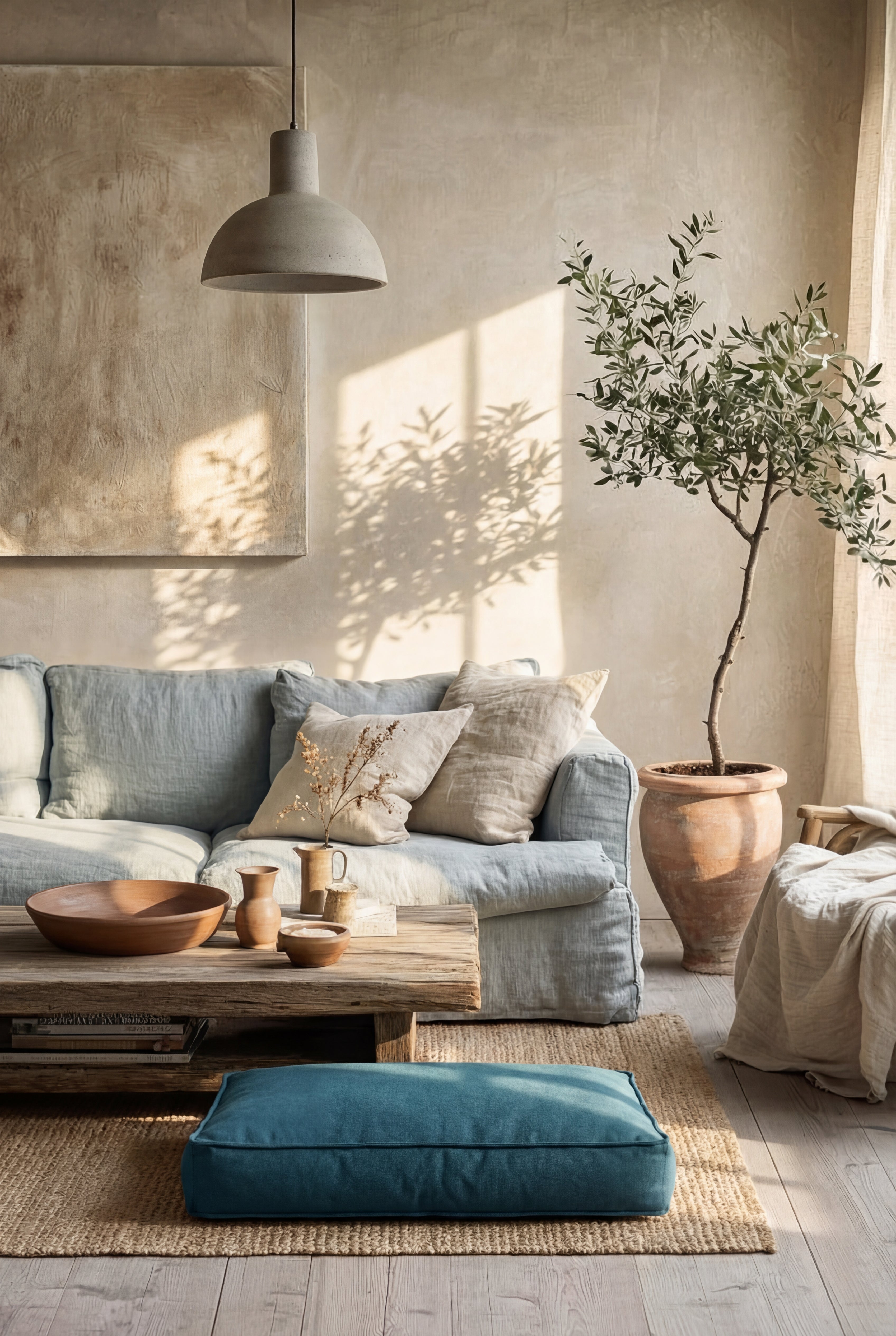 lit pour chien nesto bleu en tissu sari posé dans un intérieur maison naturelle