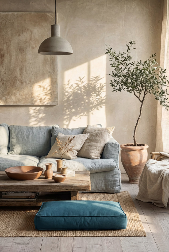 lit pour chien nesto bleu en tissu sari posé dans un intérieur maison naturelle