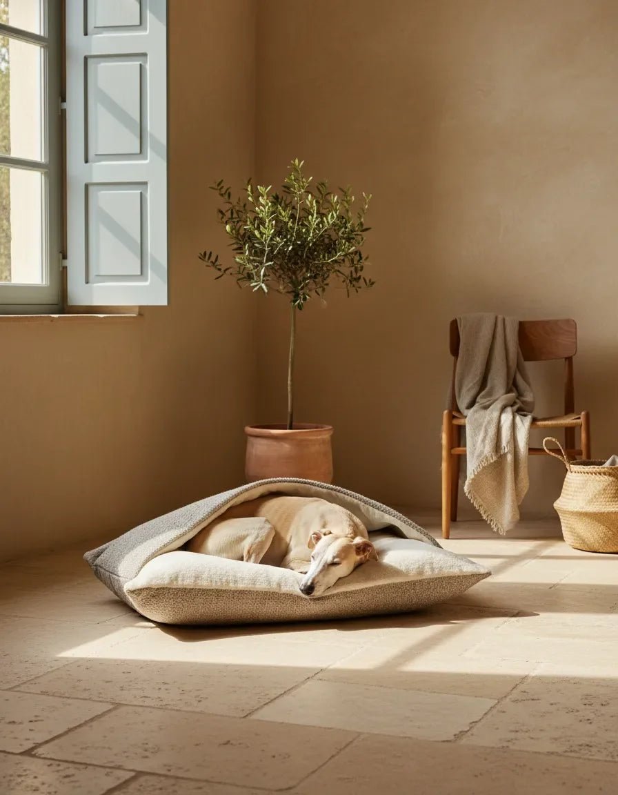 Chien allongé sur un coussin en tissu naturel dans un intérieur provençal lumineux, décor artisanal.