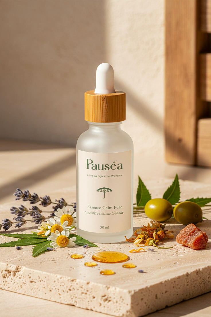 Essence Calm Pure Pauséa en mise en scène provençale avec lavande, fleur d’oranger, camomille et olives, concentré naturel apaisant.