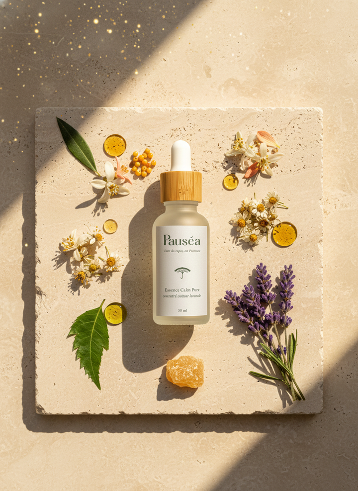 Pauséa Essence Calm Pure 30 ml, concentré naturel lavande en scène provençale premium avec fleurs et huiles végétales, ambiance bien-être luxe.