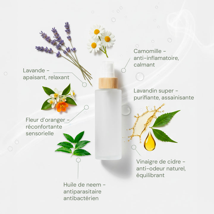 Spray Calm Pure Pauséa entouré de lavande, camomille, fleur d’oranger, neem et vinaigre de cidre, présentation des bienfaits naturels.