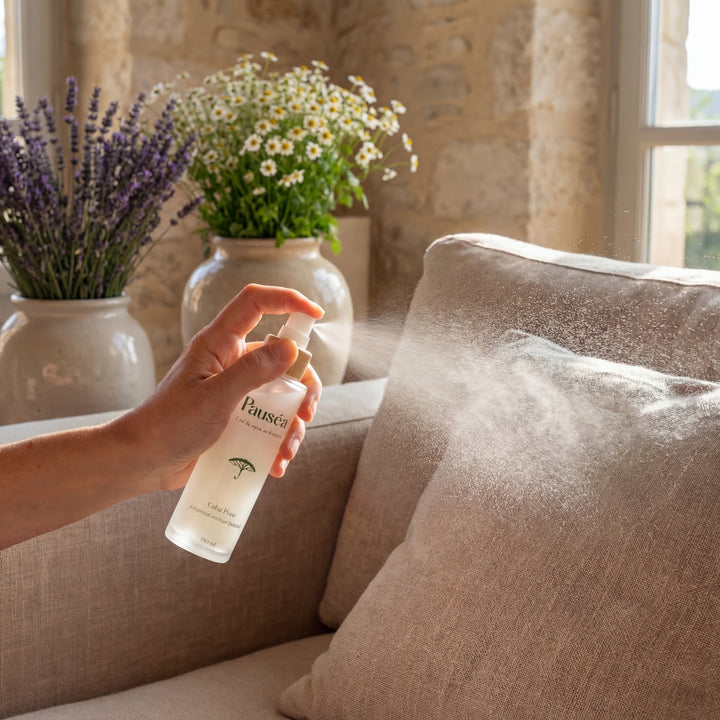 Vaporisation du spray naturel Calm Pure sur les coussins du canapé, rafraîchissant les textiles de la maison pour vous et votre chien.