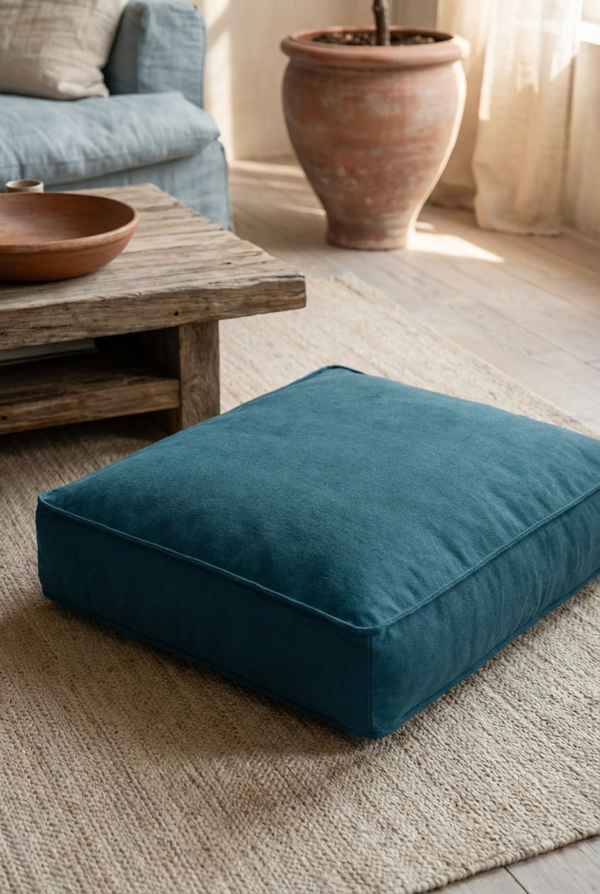 détail tissu sari bleu du lit pour chien nesto avec couture et texture du tissu