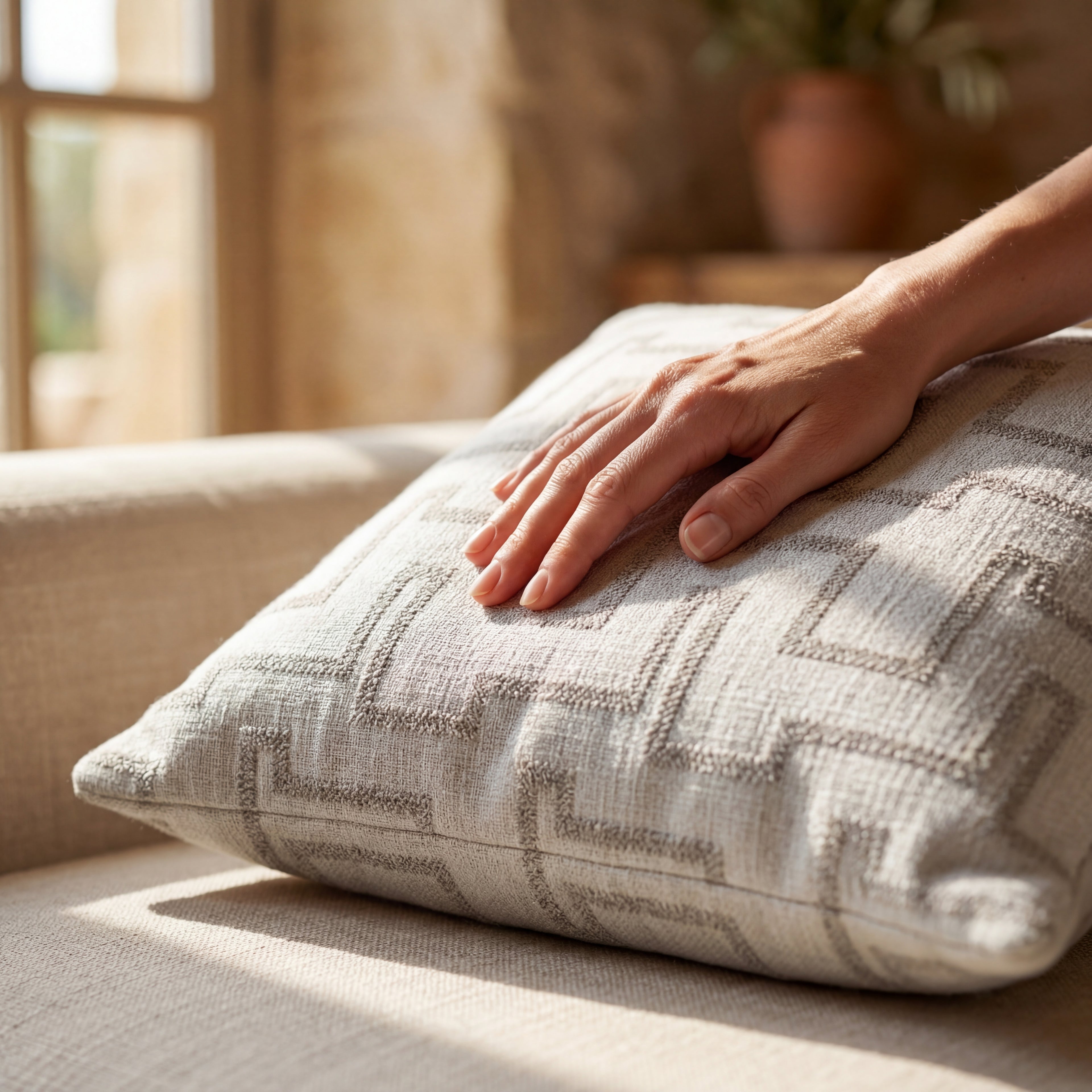 detail tissu coussin decoratif texture motif relief ameublement